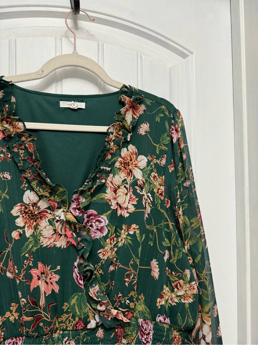 Maurices Womens 3X Green Pink Floral V-Neck Long Sleeve Ruffle Dress (G-8)